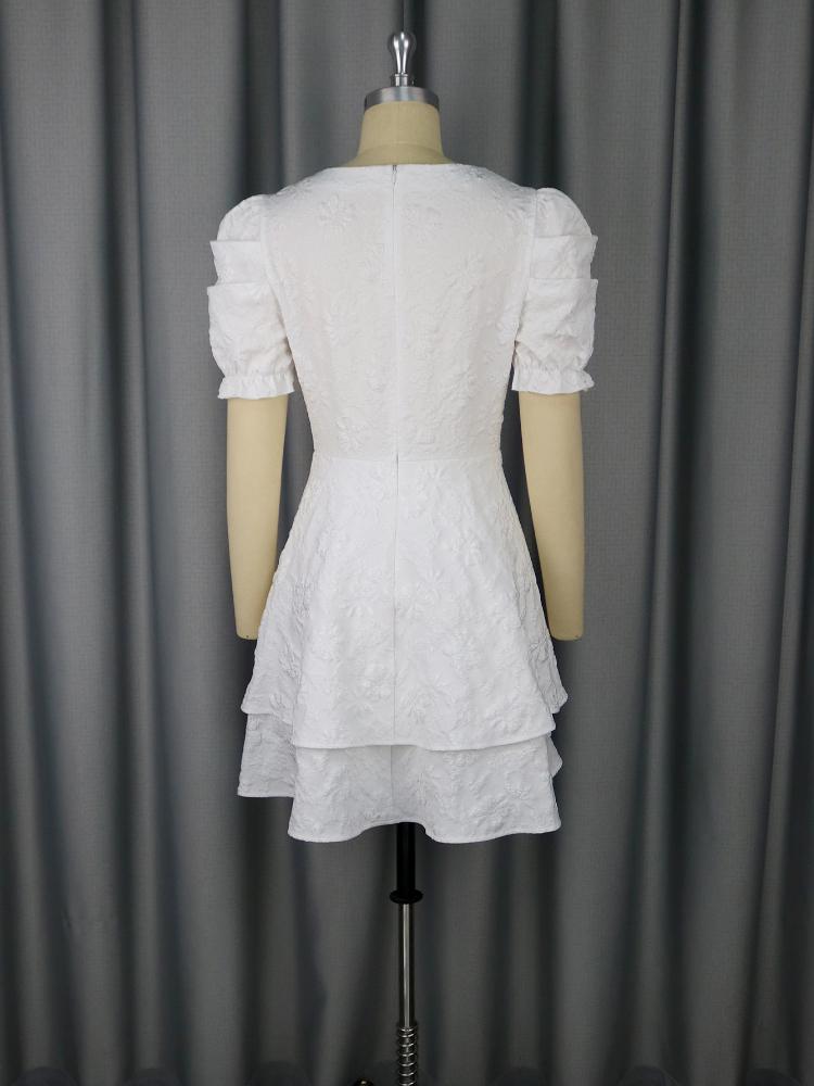 AOMEI Jacquard Wedding Guest Dresses for Women A Line V Neck Short Puff Sleeves Floral Tierred Knee Length Outfits