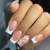 Medium Rectangle French Tip Press-On Nails with Flower Zircon Details