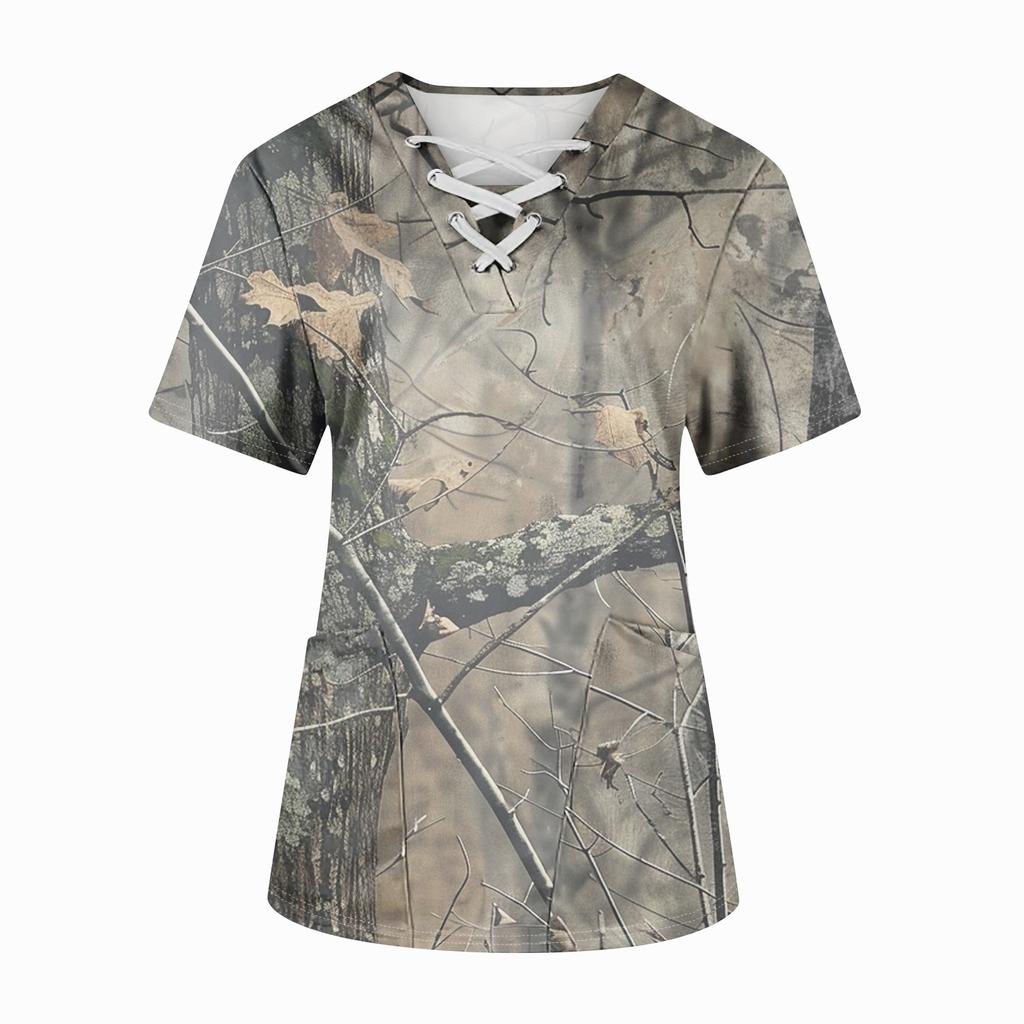 Плюс размерСкраб с принтом Рабочая форма Топы для женщин Крест V-образным вырезом Хэллоуин Принт с короткими рукавами Забавные футболки Спецодежда Футболка с карманами