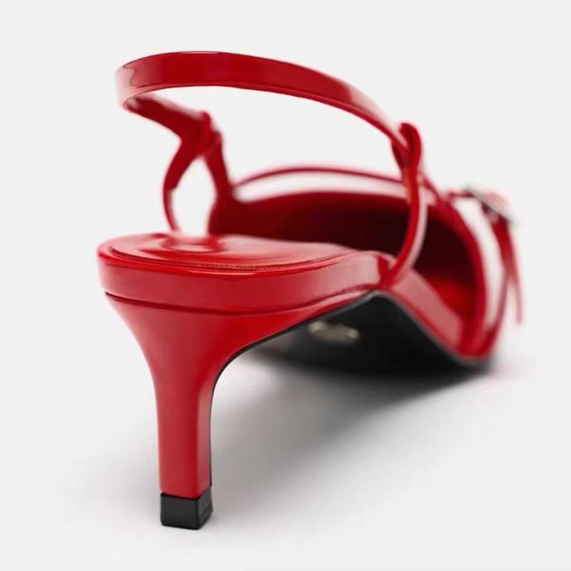 Летние женские туфли-лодочки из красной лакированной кожи с острым концом на высоком каблуке ZAZA 2024, модные тонкие женские туфли с ремешком на пятке и завязками, verano