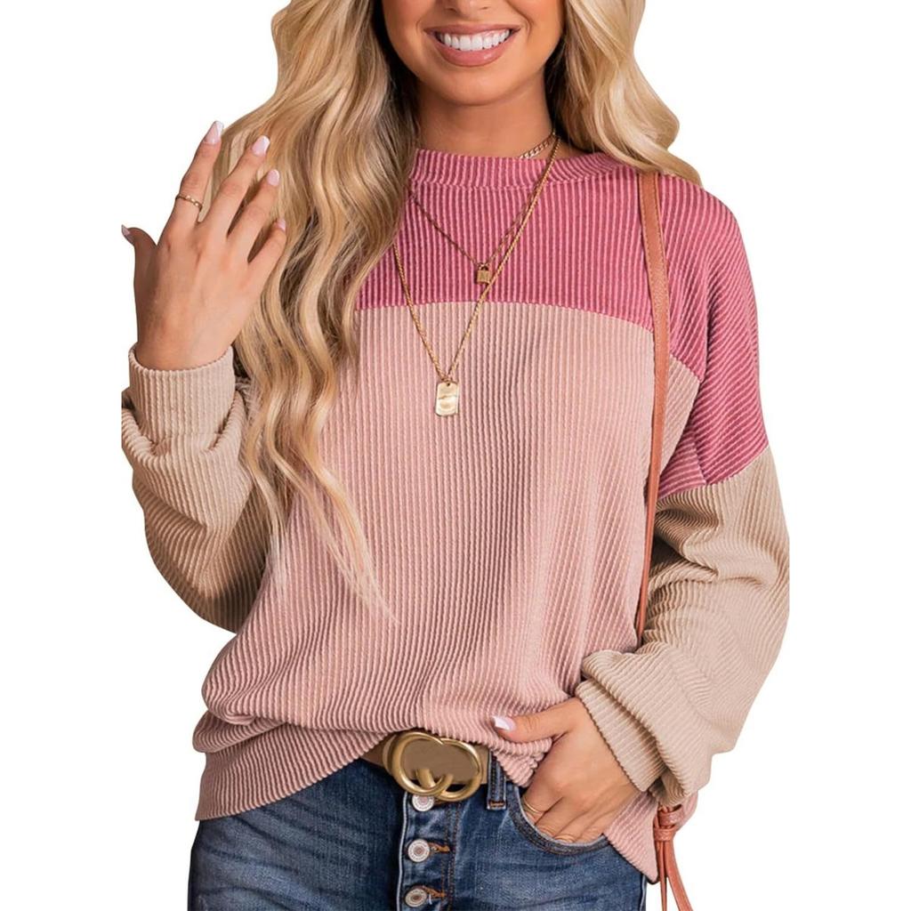 New Color Block Casual Loose Pullover Sweatshirt T-shirt for Women, European American Style Crossbody Women's Top