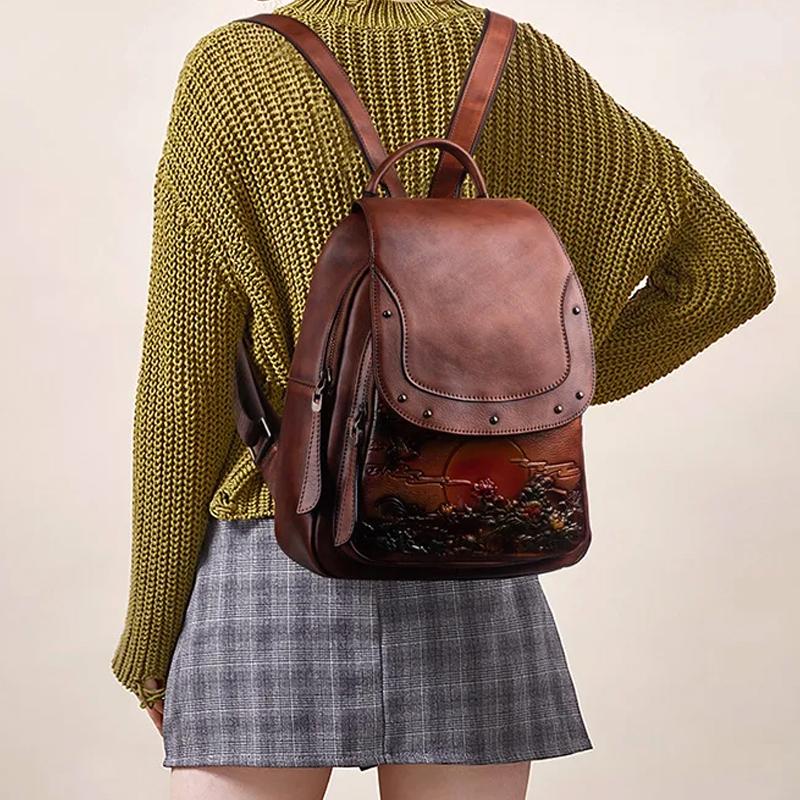 Винтажный женский рюкзак с тиснением большой вместимости, сумка из натуральной кожи, новинка 2024 года, мягкие дорожные сумки из натуральной яловой кожи для отдыха