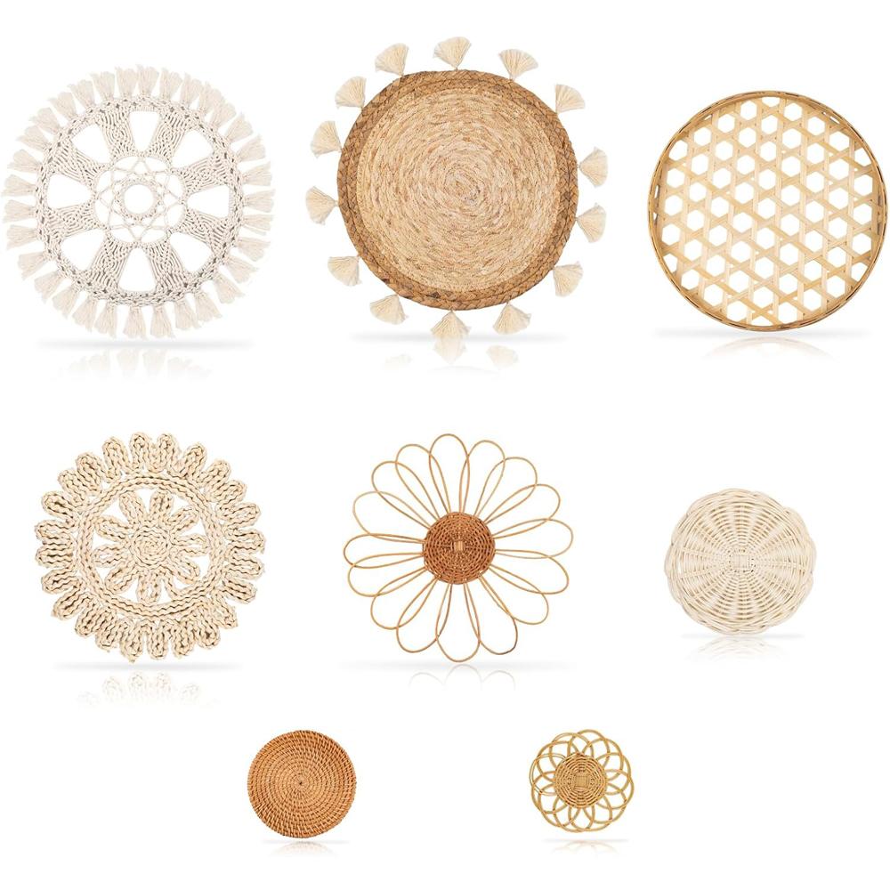 Декор для настенной корзины в стиле бохо, набор из 8 плоских плетеных корзин, настенное украшение, круглые кисточки, белый гобелен в стиле макраме, настенный декор, искусство ручной работы