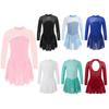 Kids Girls Shiny Rhinestones Sheer Mesh Long Sleeves Keyhole Back Opening Figure Ice Skating Ballet Dance Leotard Dress