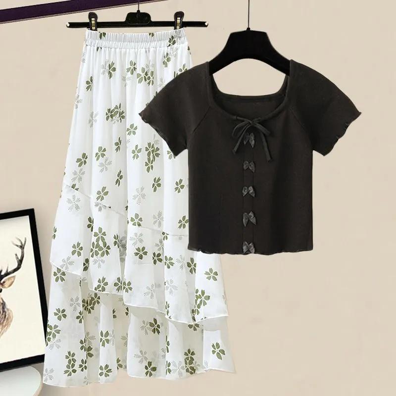 Женский летний комплект Fresh Ageing, топ с цветочным принтом и юбка-полукомбинезон из двух предметов