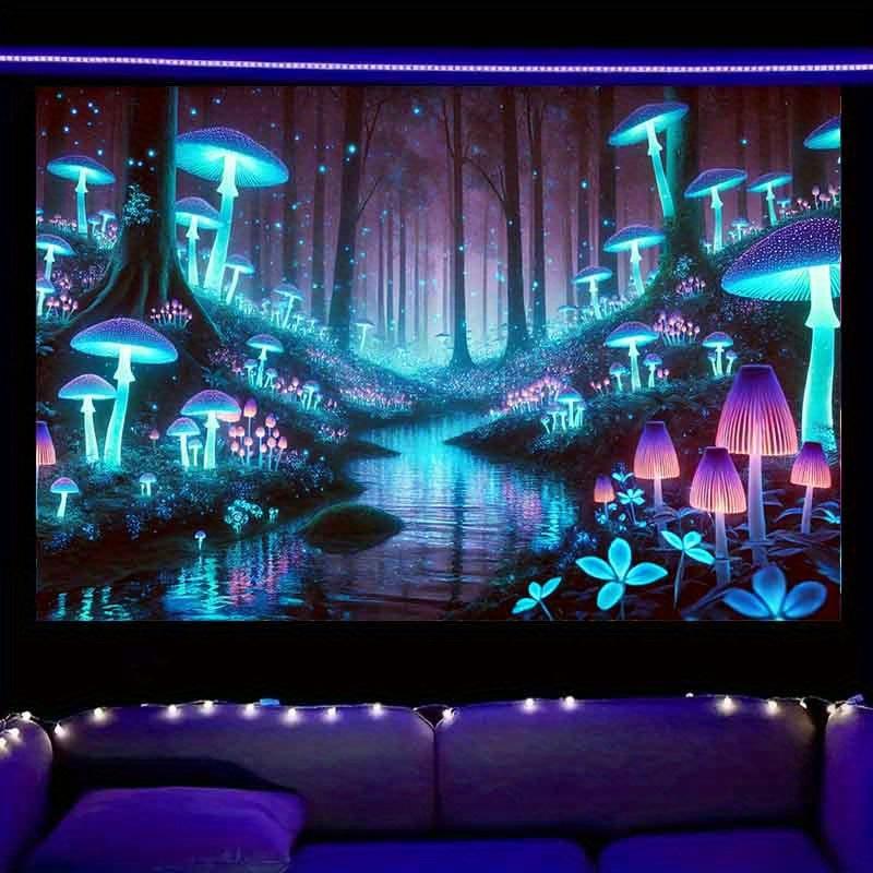1 Piece Fluorescent Mushroom Forest Tapestry -Polyester Material, Bedroom/Living Room/Dorm Decoration-With Free Installation Kit
