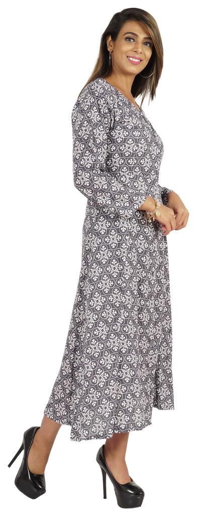 Bimba Printed Maxi Dress For Women Front Button Placket Ethnic Dress Casual Rayon