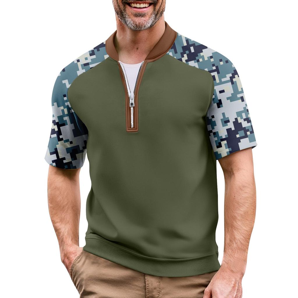 Мужская летняя футболка камуфляжной расцветки в стиле кэжуал, спортивный дышащий топ с воротником на молнии