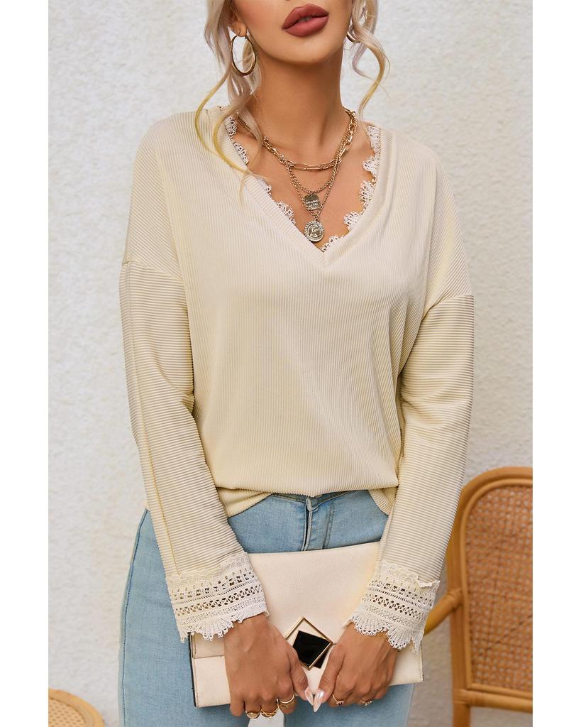 Azura Exchange Lace Trim V Neck Long Sleeve Top