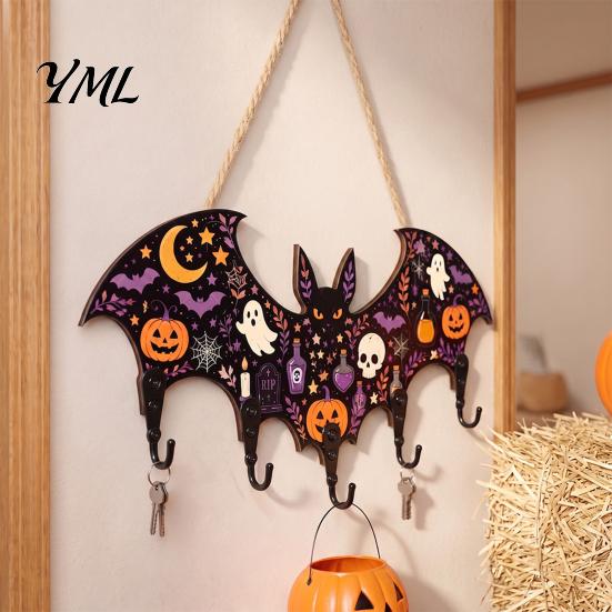 Wood Key Rack for Wall Halloween Bat Shaped Wooden Hook, 2D Mounted Hanging Decor with Entryway Organizer Hooks Pumpkin Ghost Witch Pattern,