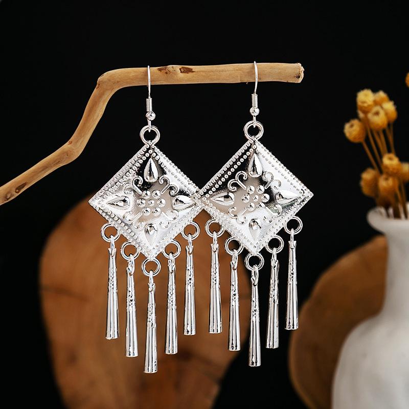 Bohemian Long Leaf Tassel Earrings - Imitation Silver, Miao Ethnic Style