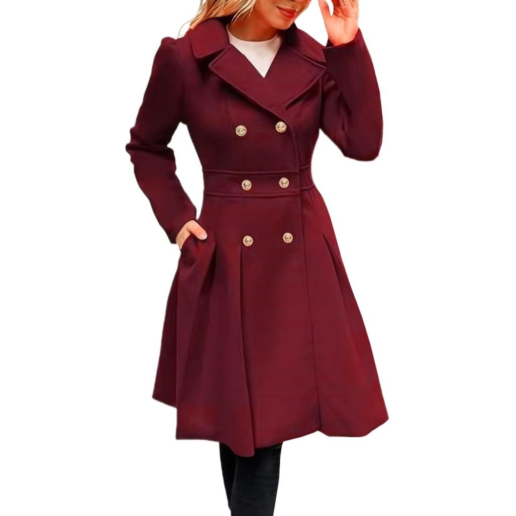 Women's Long Woolen Coat With Double Breasted Buttons
