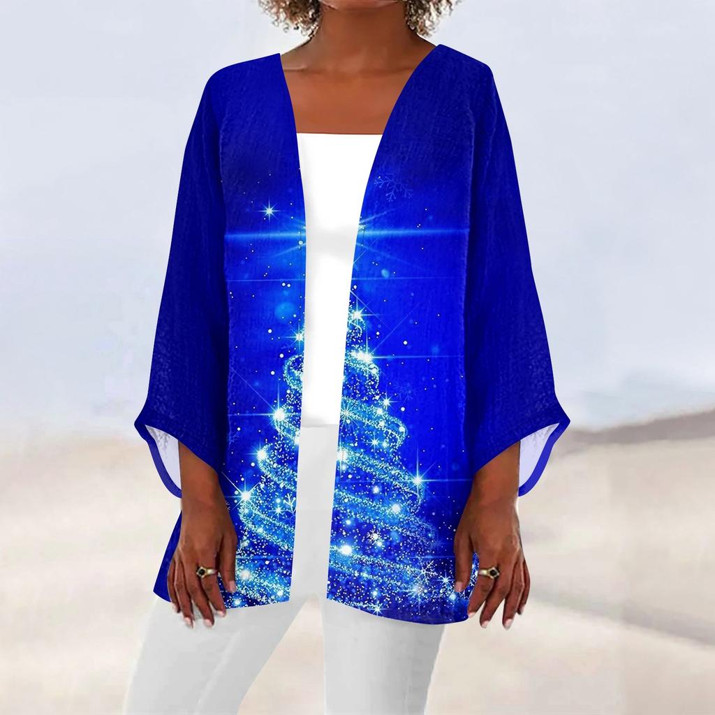 Женская повседневная мода Caot с рождественским принтом Легкая куртка средней длины Кардиган