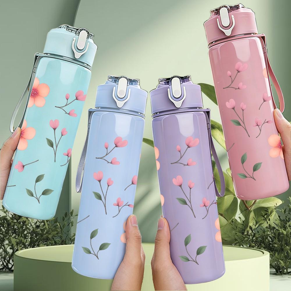 1PC Simple Pink Flower Pattern 750ml Color Plastic Sports Water Bottle Leakproof Flip Straw Lid Suitable for Sports Office Home Use