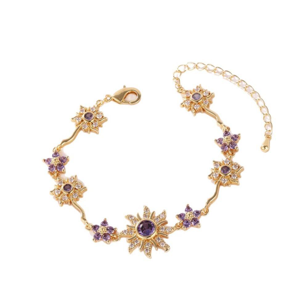 Luxury Sunflower Bracelet Fashion Shiny Rhinestone Bangle Pink Cubic Zirconia Chain Wedding