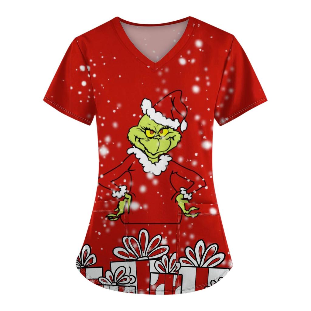 Женские модные топы с короткими рукавами и V-образным вырезом с принтом, рабочие футболки с карманами