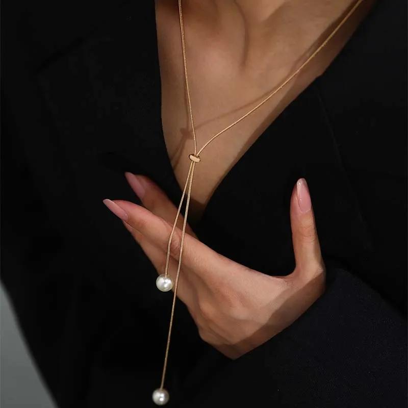 Fashion Snake Chain Necklace for Women Minimalist Metal Long Tassel Adjustable Pull Sweater Chain Jewelry