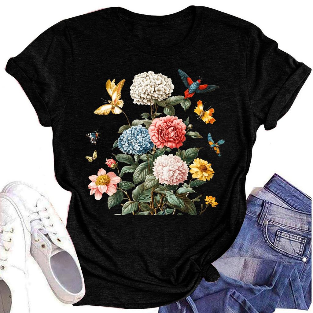 Женская повседневная футболка с круглым вырезом и цветочным принтом, короткий рукав