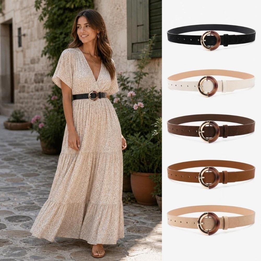 Gradient Round Ring Buckle Decorative Waistband Alloy Metal Buckle Faux Leather Belt For Women