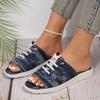 2024 Summer New Large Size Denim Lace Up Slippers Women's Round Head Flat Bottom Canvas Lightweight Fashion Beach Sandals