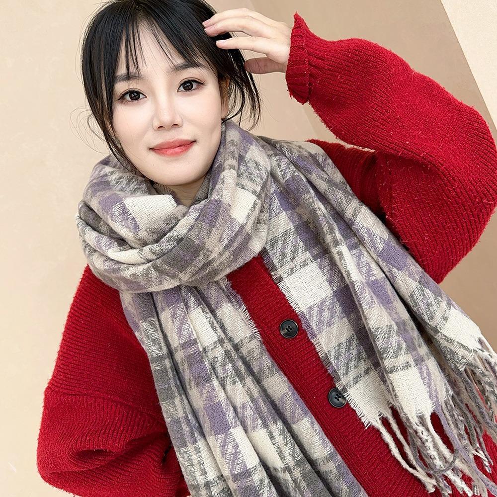 Mohair Winter Cashmere Scarves Tassel Long Shawl Retro Plaid Wool Scarf Girl