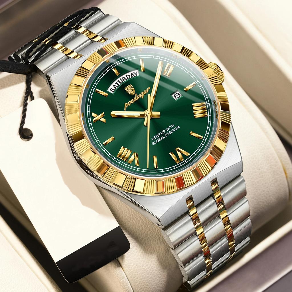 POEDAGAR Business Male Watch Luminous Waterproof Stainless Steel Men Wristwatch Week Date Quartz Fashion Men's Watches