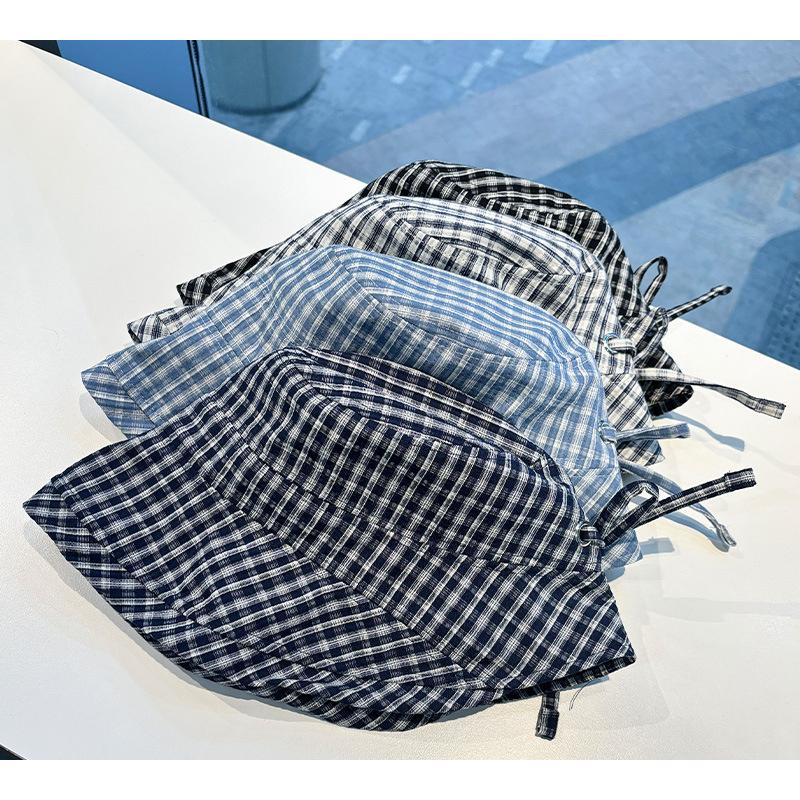Women's Plaid Bowknot Sunshade Fisherman Hat Spring Summer Outdoor Versatile Foldable Bucket Hat for Sunshine Protection