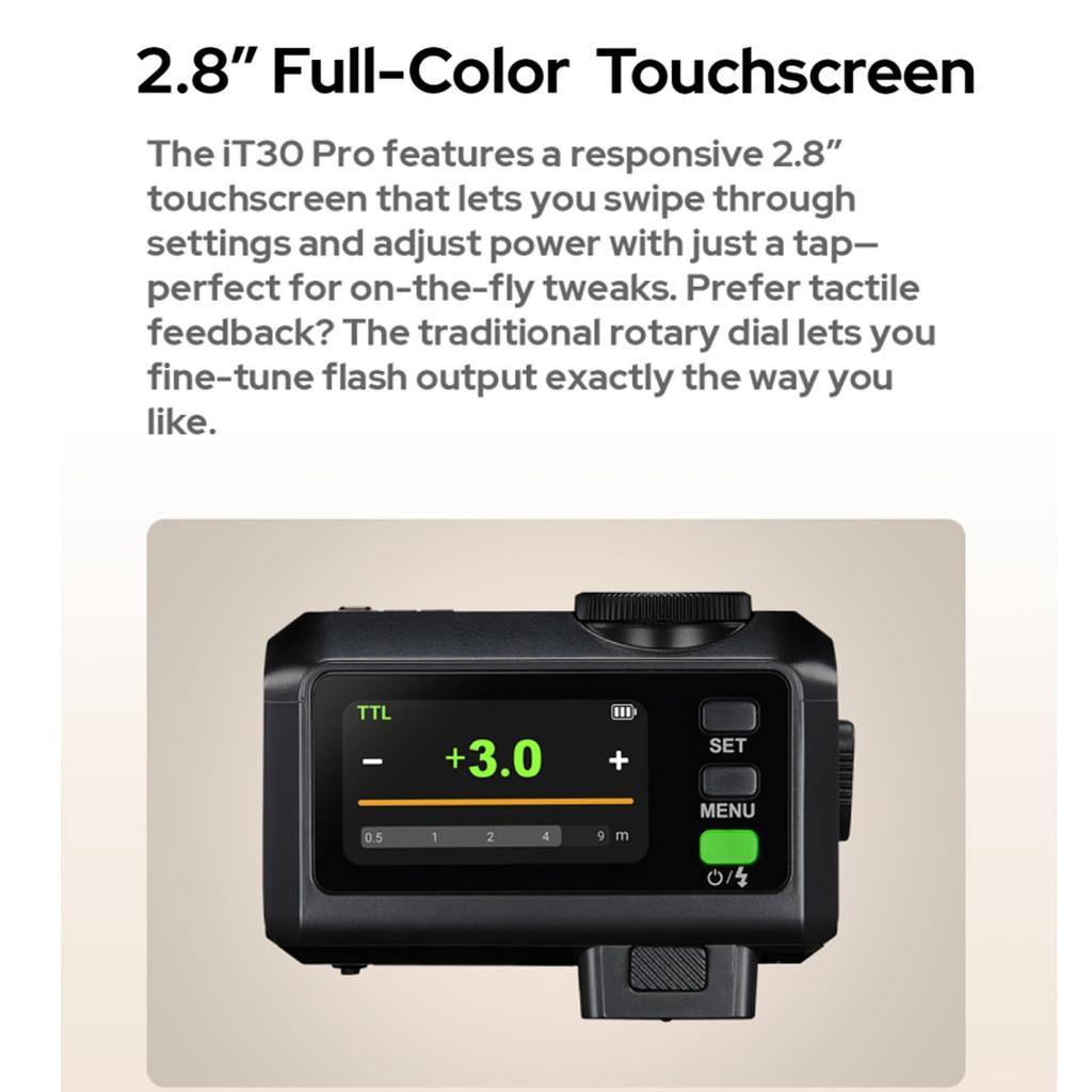 Godox iT30Pro C TTL Flash Canon Recycle 560 Touchscreen Speedlite iT30Pro-C (for Cameras), GN15, 1.5-Second Time, Full-Power Flash, 1/8000 HSS, 2.4G