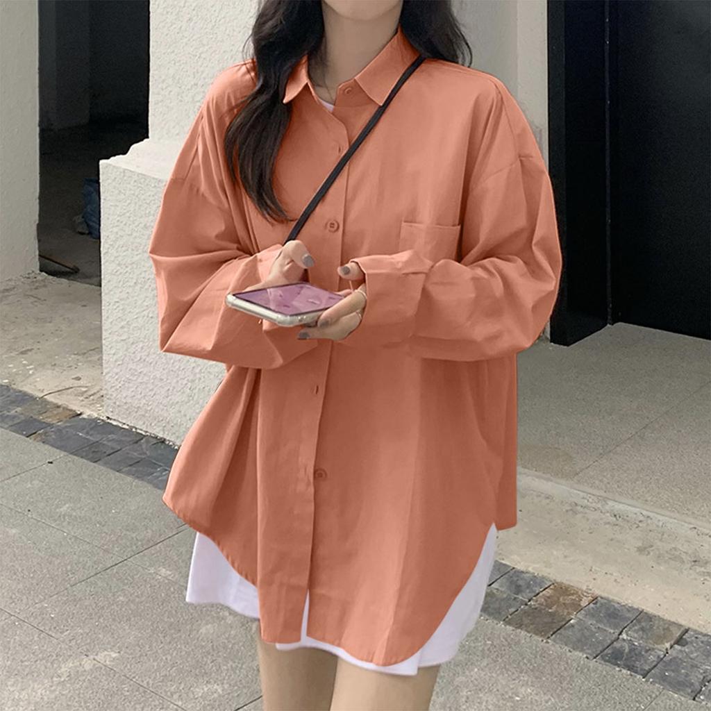 Women's Fashion Solid Color Button Pocket Long Sleeved Casual Lapel Shirt Top