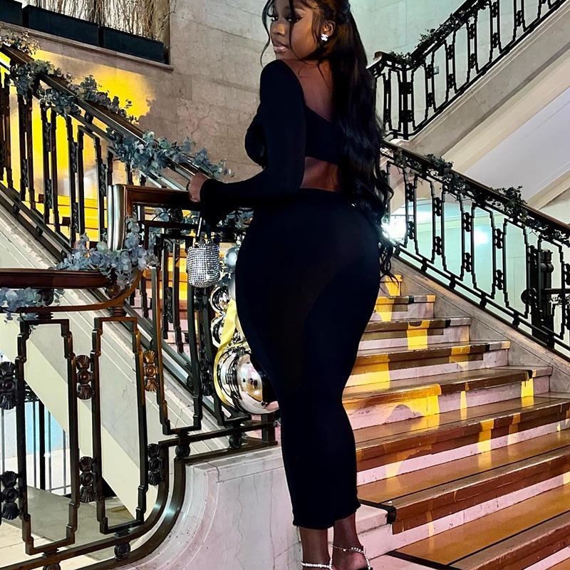 Женское сексуальное платье с круглым вырезом, однотонное, с запахом на груди, с длинным рукавом, с открытой спиной, для уличного ночного клуба, с бедрами