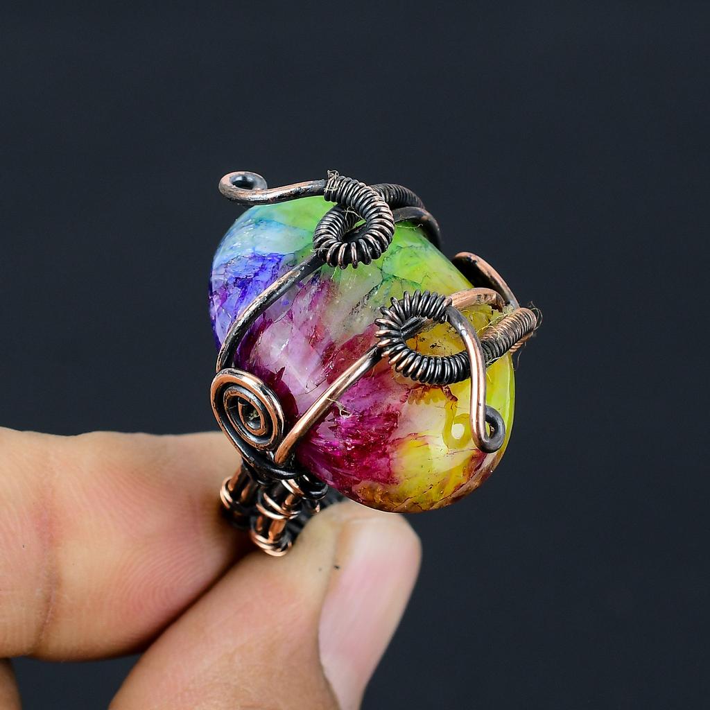 Rainbow Solar Quartz Handmade Copper Wire Wrap Ring Size 7.5 C9V58