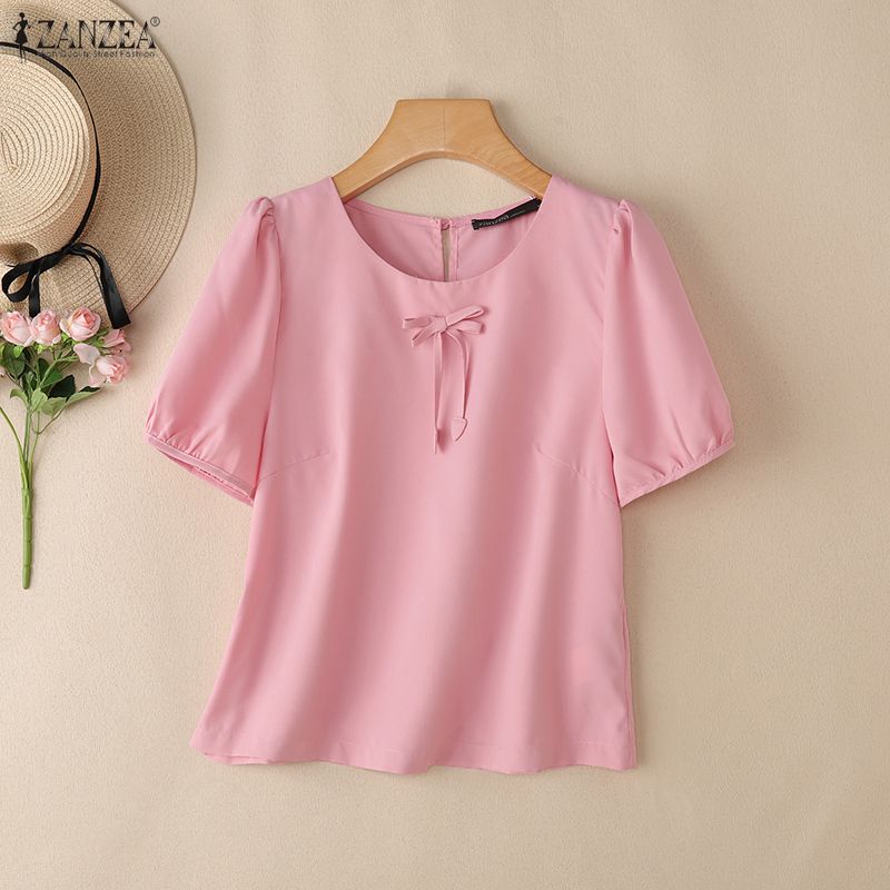 ZANZEA Женская повседневная однотонная свободная блузка с круглым вырезом и коротким рукавом