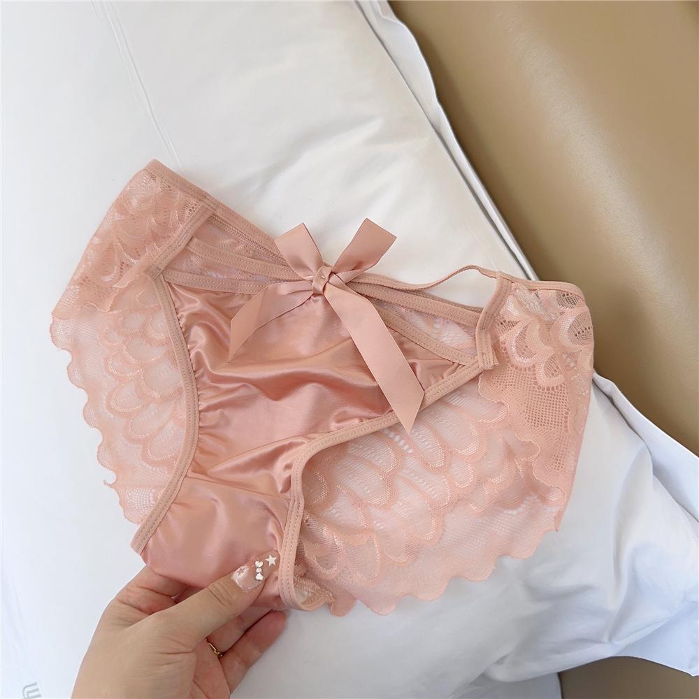 Japanese Lace Hollow-Out Mid-Waist Satin Women's Briefs - Sexy, Breathable Triangle Panties