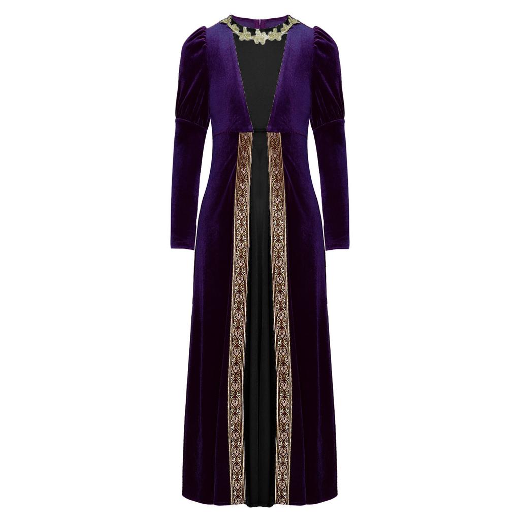 Girls Renaissance Princess Dress Velvet Long Sleeve Gold Flower Patchwork Medieval Retro Party Costume