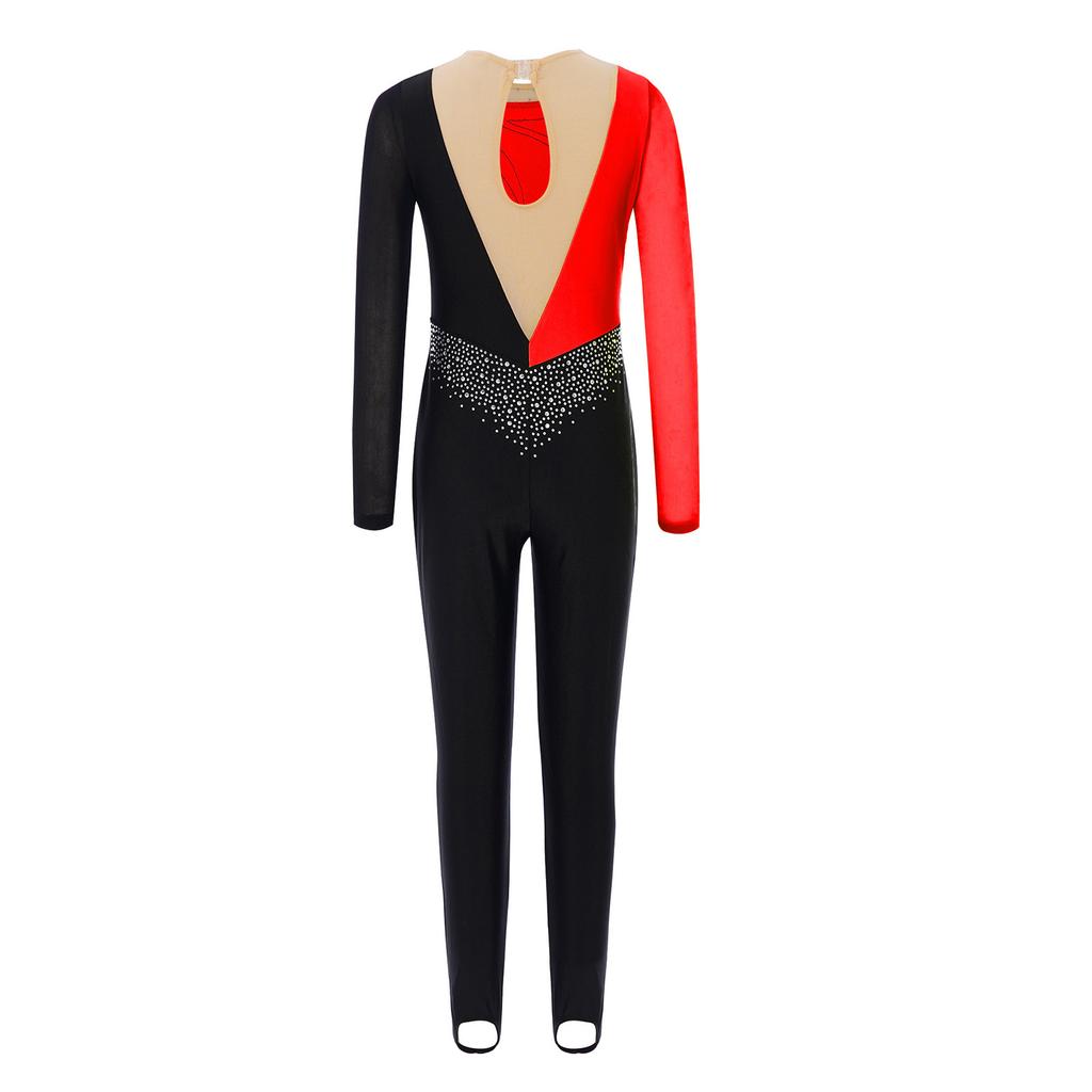 Girls Mesh Long Sleeves Keyhole Back Shiny Rhinestones Color Block Dance Jumpsuit Gymnastics Performance Costume