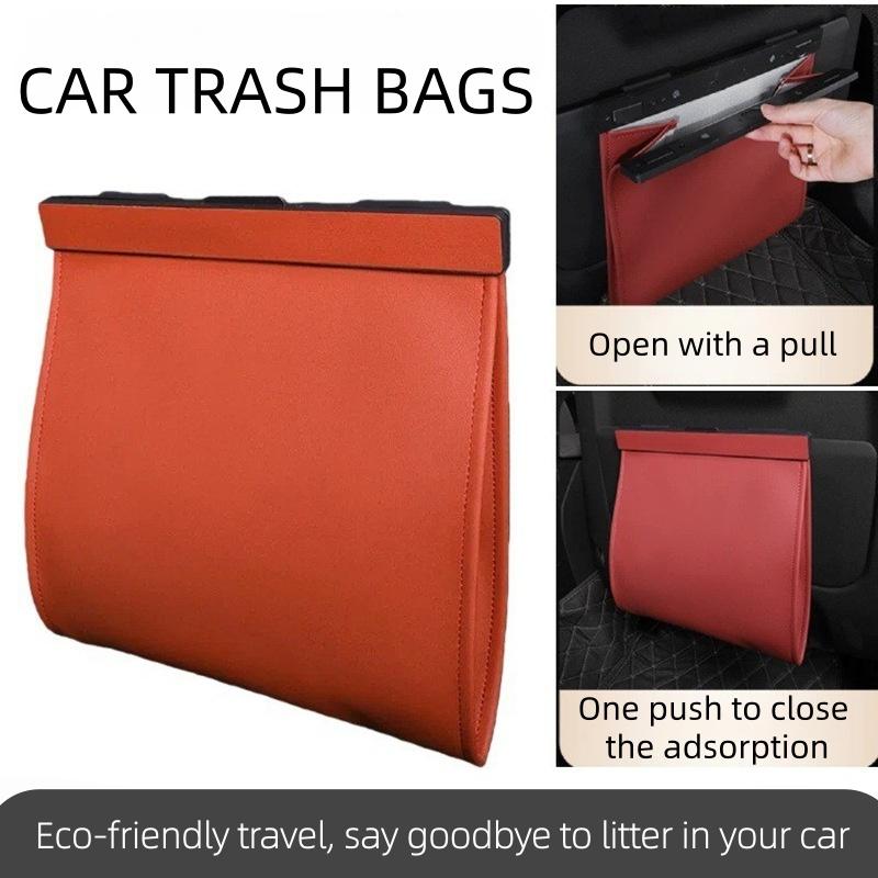 Car Leather Garbage Storage Bag Rear Seat Back Hanging Magnetic Folding Storage Bag Car Interior Supplies