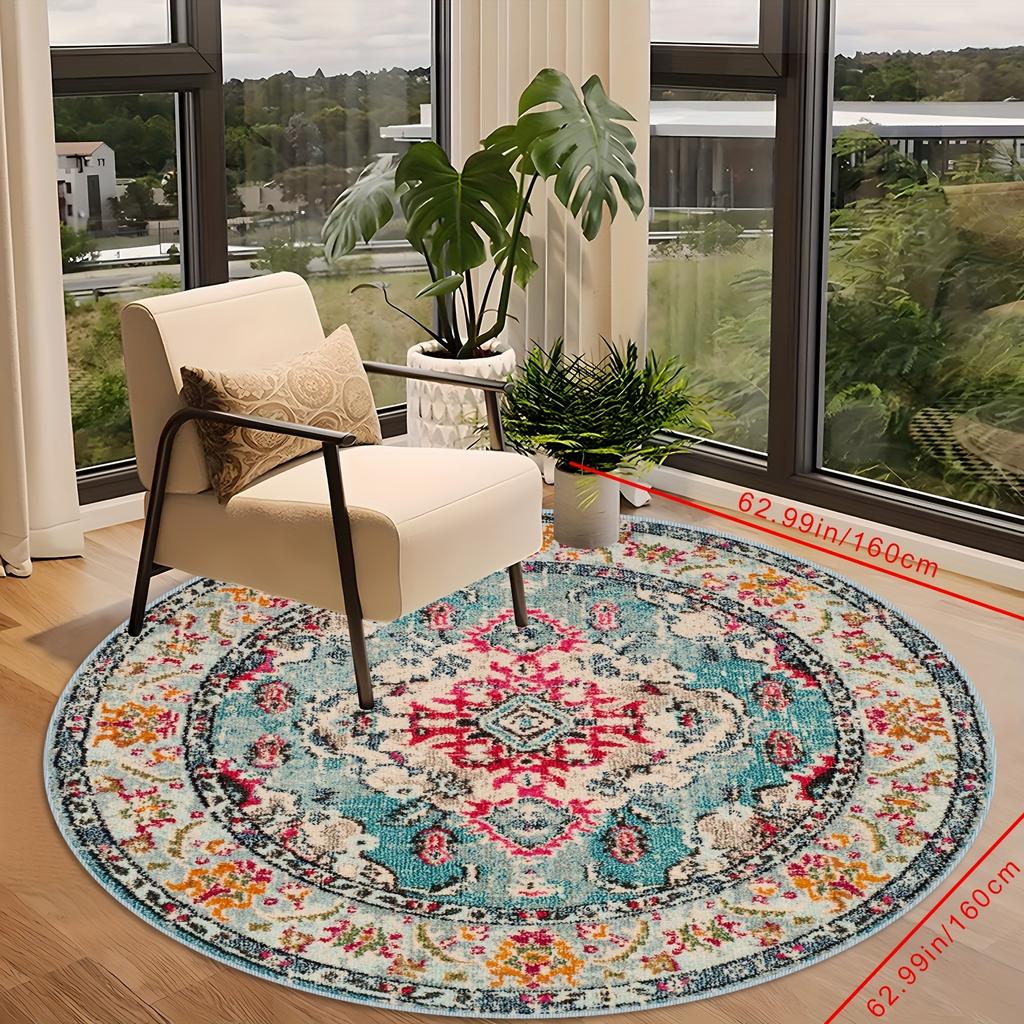 1Pcs  Boho Chic Pattern Round Area Rug Indoor Non-Slip Washable Fiber Carpet Soft Comfortable Mat For Bedroom Living Room