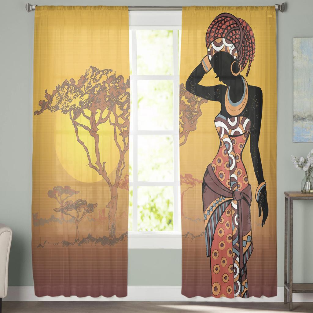 African Woman Plant Trees Art Sheer Curtains Living Room Window Tulle Curtains For Bedroom Kitchen Home Decoration Voile Drapes