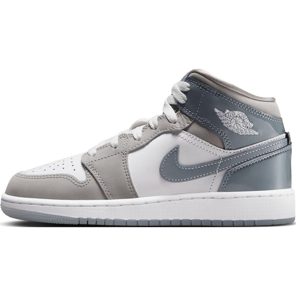 Air Jordan 1 Mid SE GS Patent Cool Grey Kids Sneakers White Medium-Grey HF3193-100