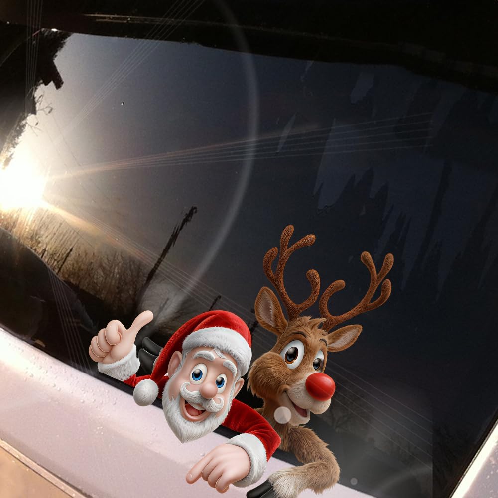 Merry Christmas Winter Decals,Santa Claus Reindeer Elf Car Window Stickers,Christmas Xmas Holiday Art Clings Decorations Accessories (Cartoon)