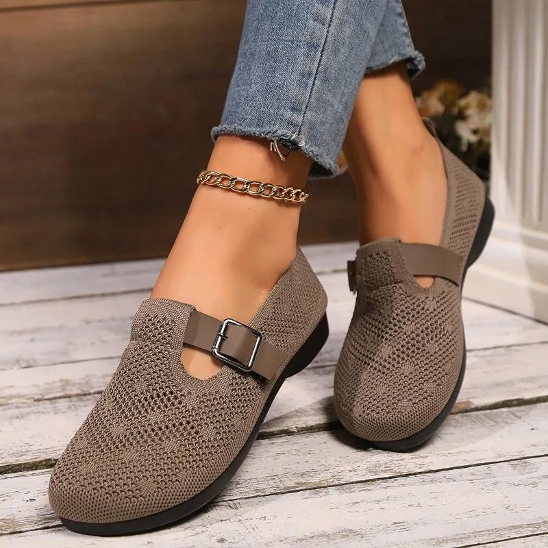 2024 Новые высококачественные женские туфли, модные, с круглым носком, однотонные, с пряжкой, сетчатые, дышащие, женские туфли на плоской подошве
