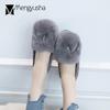 Genuine Rabbit Fur Winter Espadrilles Crystal V Decorate Plush Loafers Women Warm Shoes 41 42 All-match Thick Bottom Moccasins