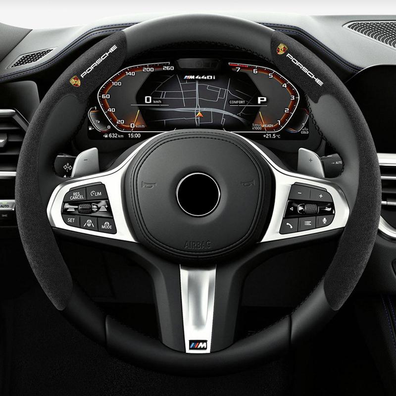 AIZ3 2Pcs Car Steering Wheel Cover Suede Anti-slip Cover For Porsche 911 Cayenne Carrera-GT 928 Panamera Boxster Macan 918-Spyder 968