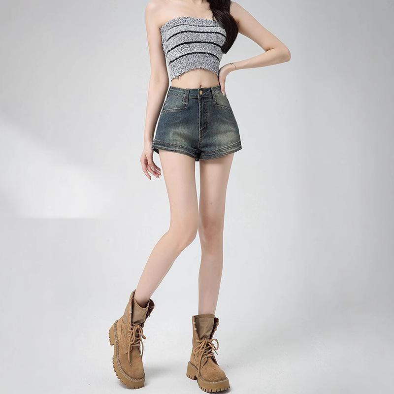 Женские джинсовые шорты А-силуэта с высокой посадкой в стиле ретро - Летние легкие эластичные шорты