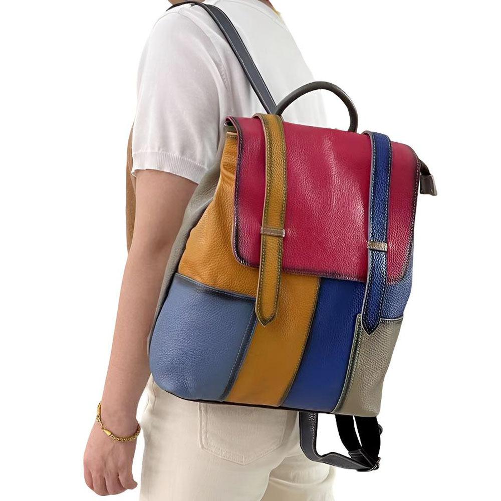 Women'S Casual Backpack First Layer Cowhide Large Bag Retro Color Matching Women'S Bag Genuine Leather Backpack Backpack