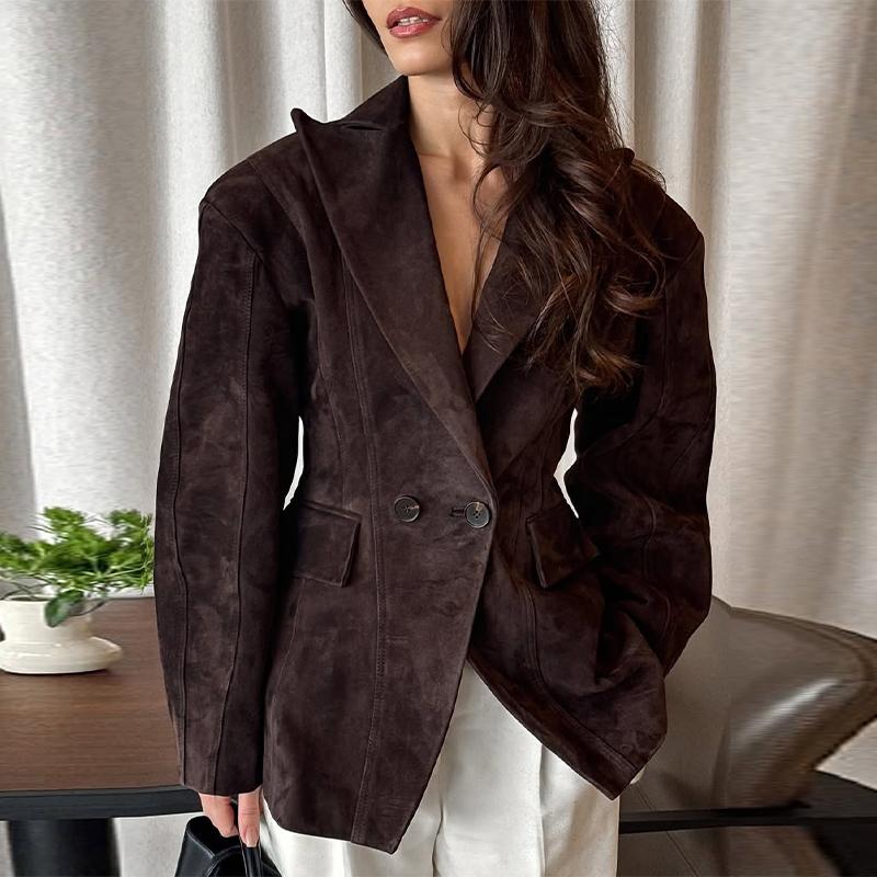 Темно-коричневая замшевая куртка с лацканами женская теплая с длинным рукавом повседневная верхняя одежда ретро британский стиль темпераментная куртка осень 2025