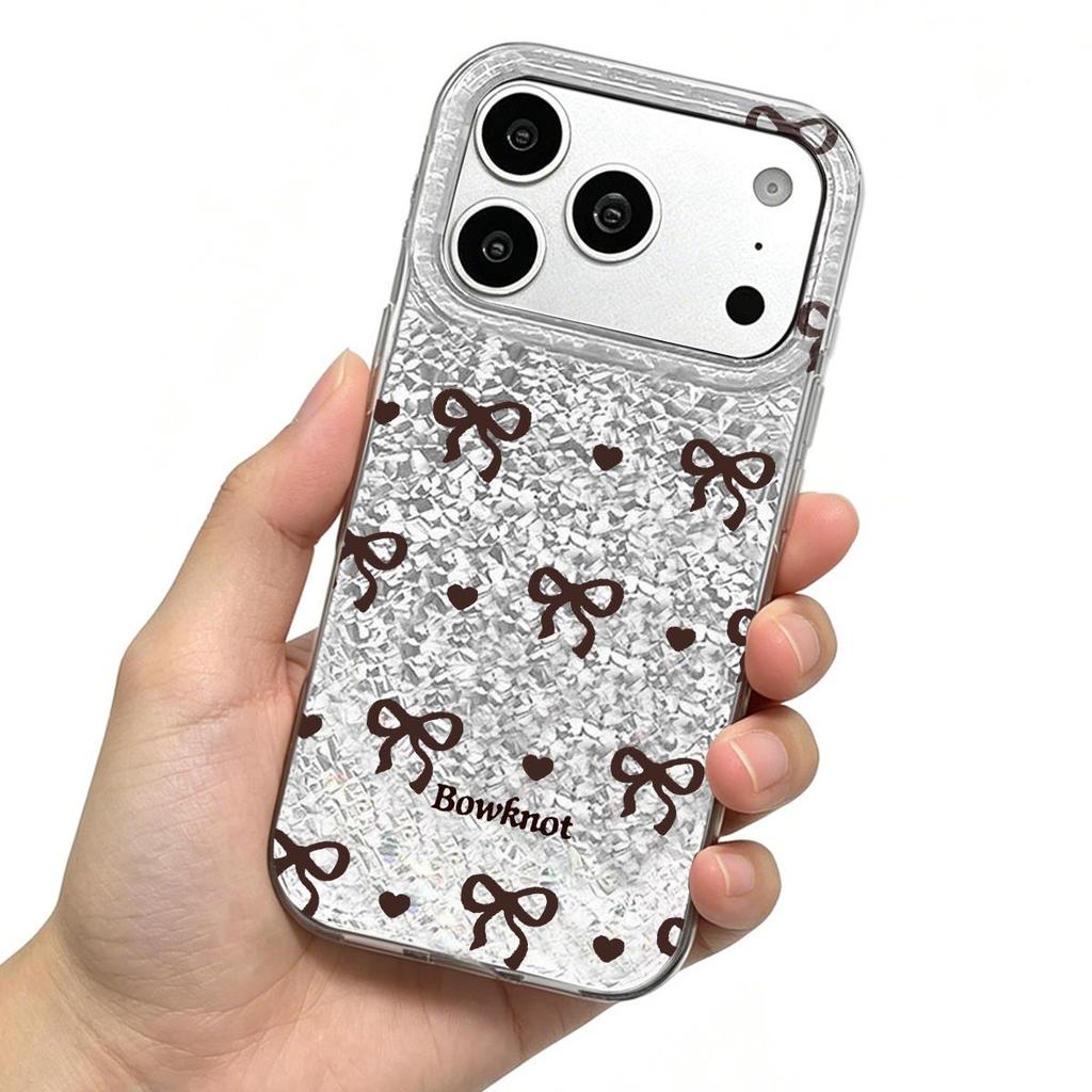 Brown Hearts and Bows Case for iphone 18 Pro Max 12 XS Max 11 16 Plus 15 17 Pro 14 13 XR Air Silver Crushed Foil Cover