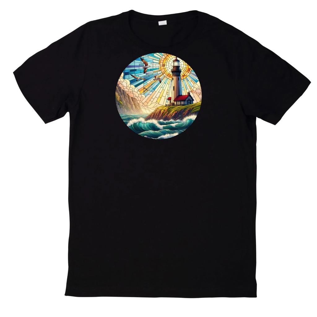 T-Shirt Buntes Buntglas Leuchtturm Motiv Baumwolle