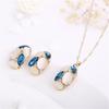 Fashion Women Jewelry Set Oval Opal Drop Pendant Sweater Chain Necklace Earrings