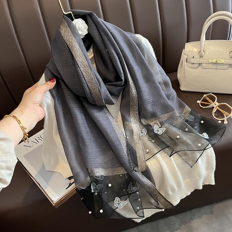 Luxury Silk Shawl Scarf for Women Design Embroidery Flowers Hijab Wraps Bufandas Female Headkerchief Fouloud Echarpe